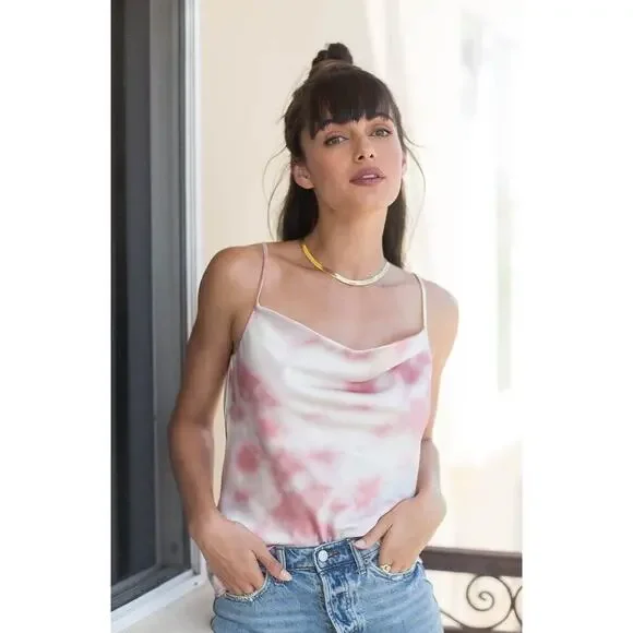Willow Tie Dye Cowl Neck Silk Like Cami Julia Top in Blush & White - Size XS - Picture 1 of 9